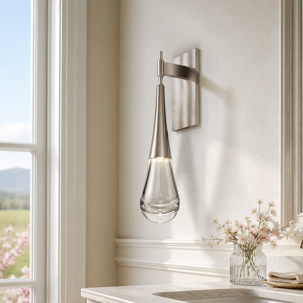 Satin Nickel Bath featuring the Paciano Water Drop Sconce